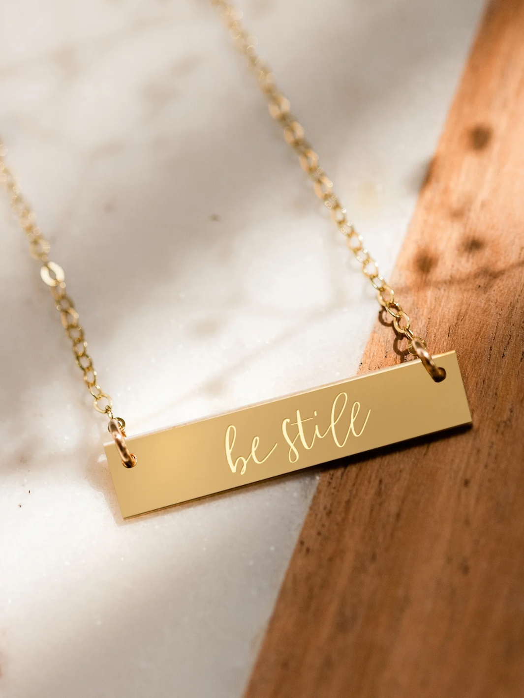 Be Still Gold Filled Engraved Bar Necklace